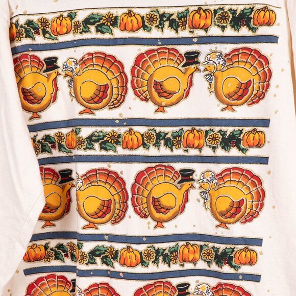 Fun Art VTG Thanksgiving Turkey TShirt M Womens Long Sleeve Pumpkins Pilgrims - Picture 3 of 6